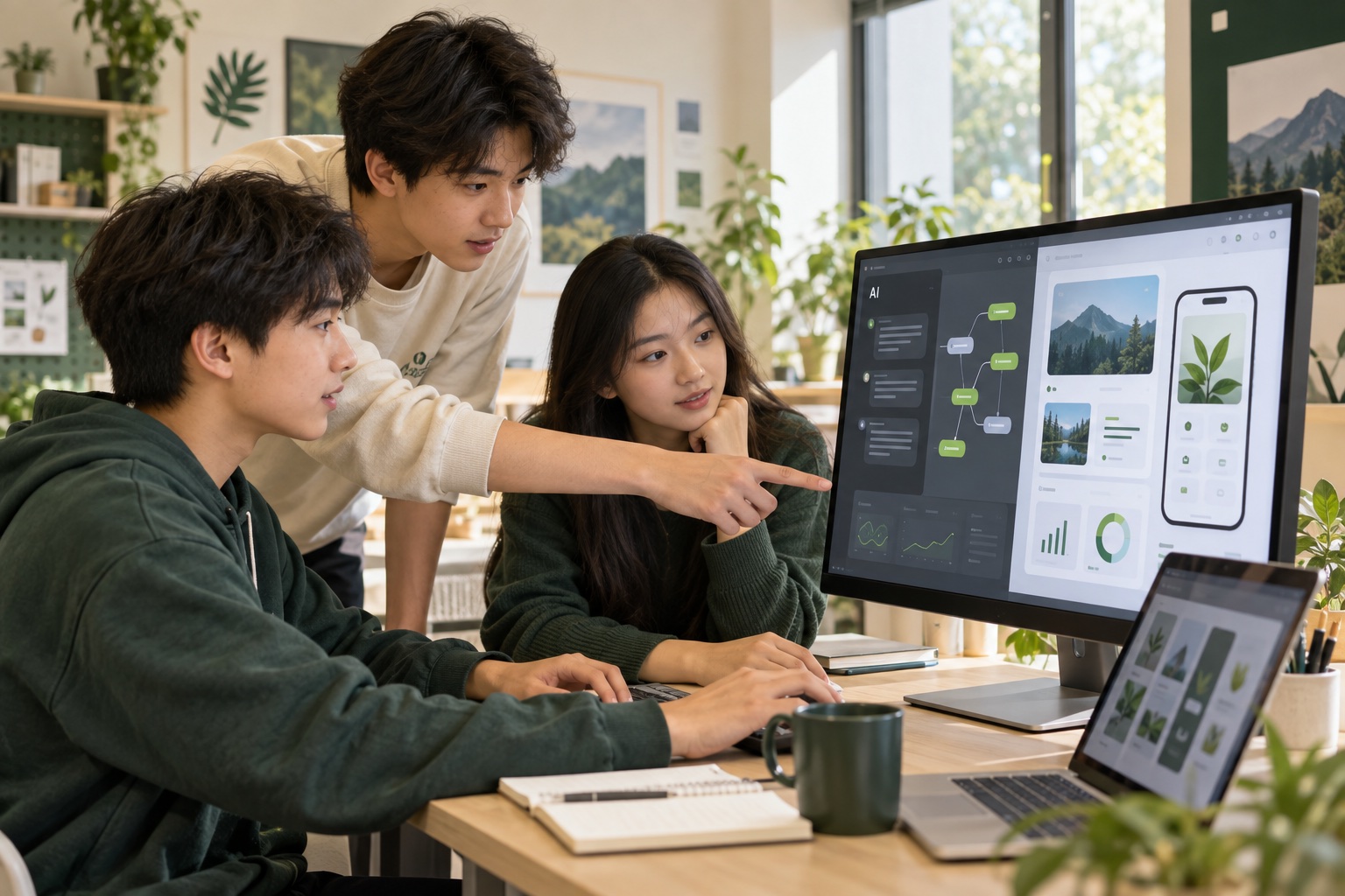 AI 赋能学习概念配图：三位少年借助 AI 助手、可视化工作流与数据分析，共同设计数字产品